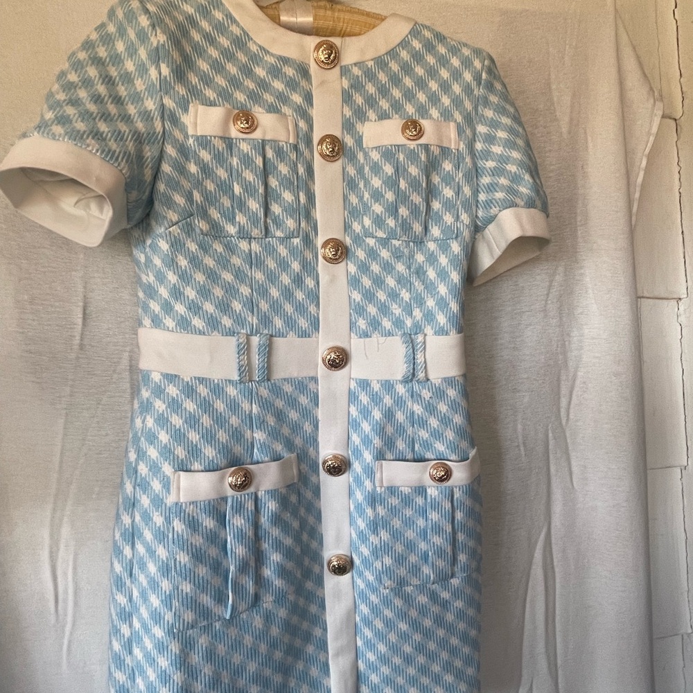 Blue White Heavy Chanel Style Tweed Dress S Lion Buttons